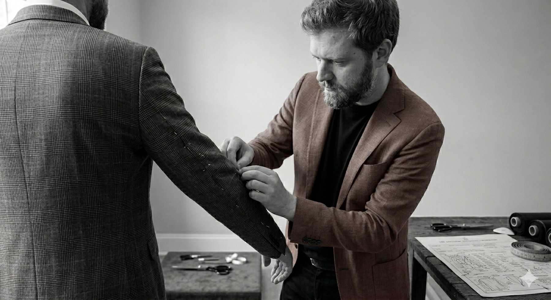 Joshua Stephen Hughes fitting a custom made-to-measure suit jacket at a client's home, Monmouth County NJ